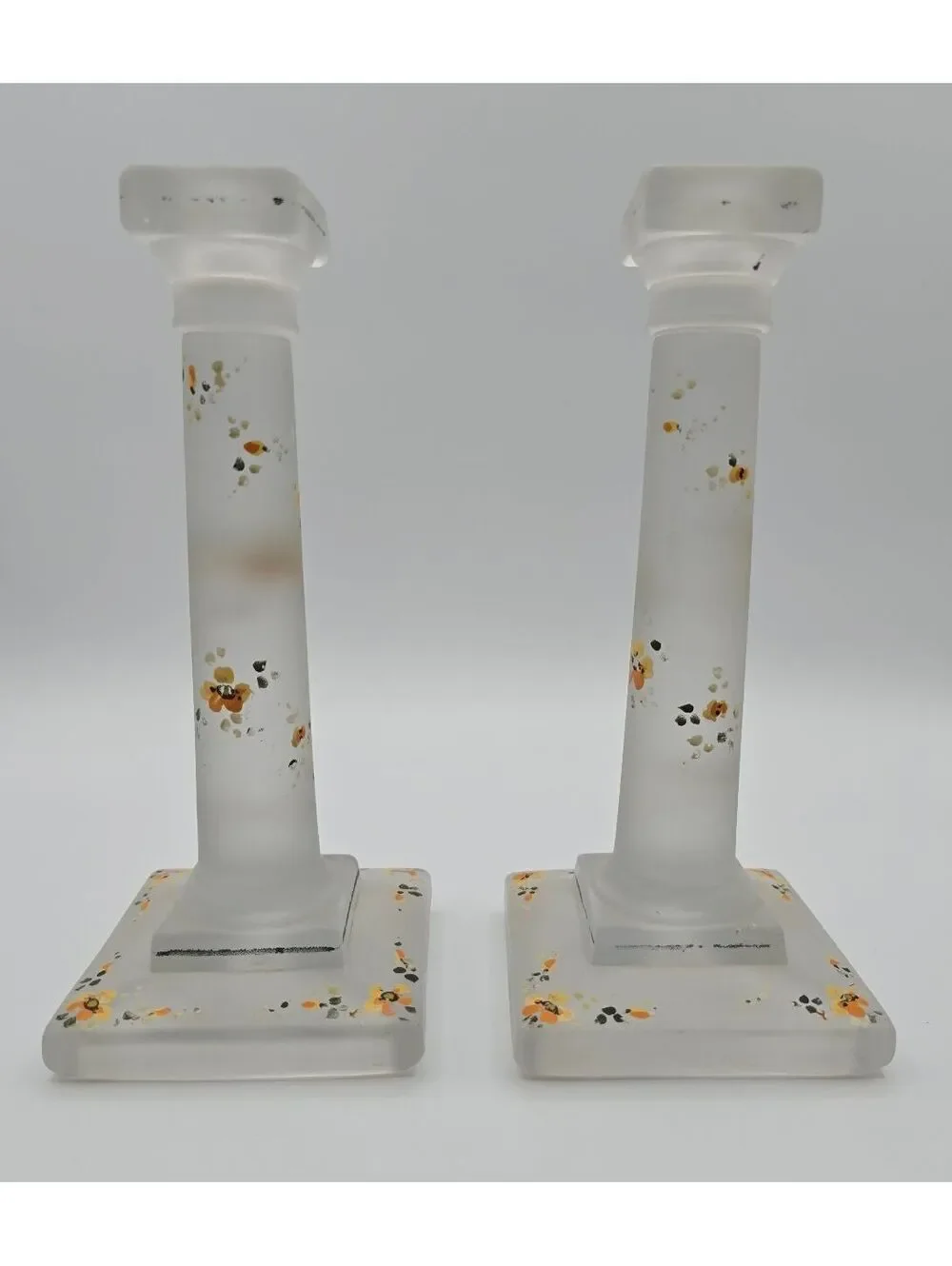 Vintage Hand Painted Satin Frosted Glass Candlestick Holders Pair Floral
